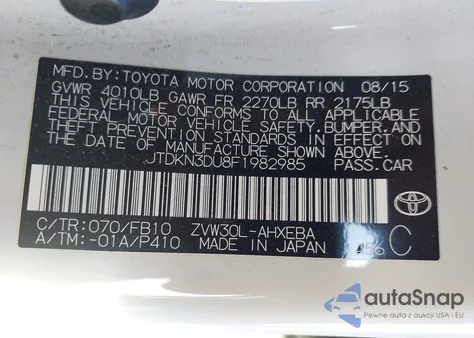 2015 Toyota Prius Two from USA, damaged, VIN JTDKN3DU8F1982985